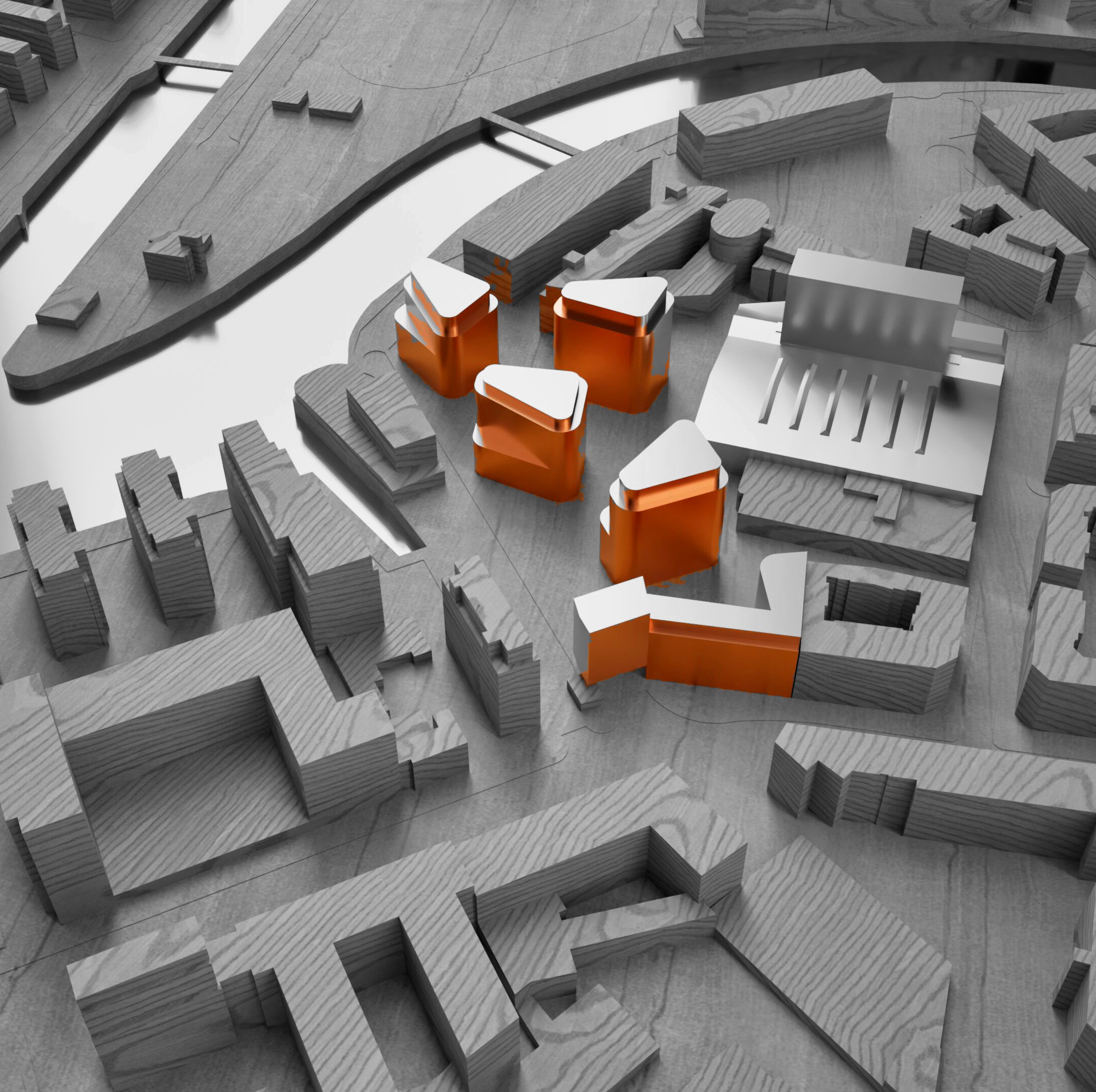 Concept model — copper ensemble and silver hall