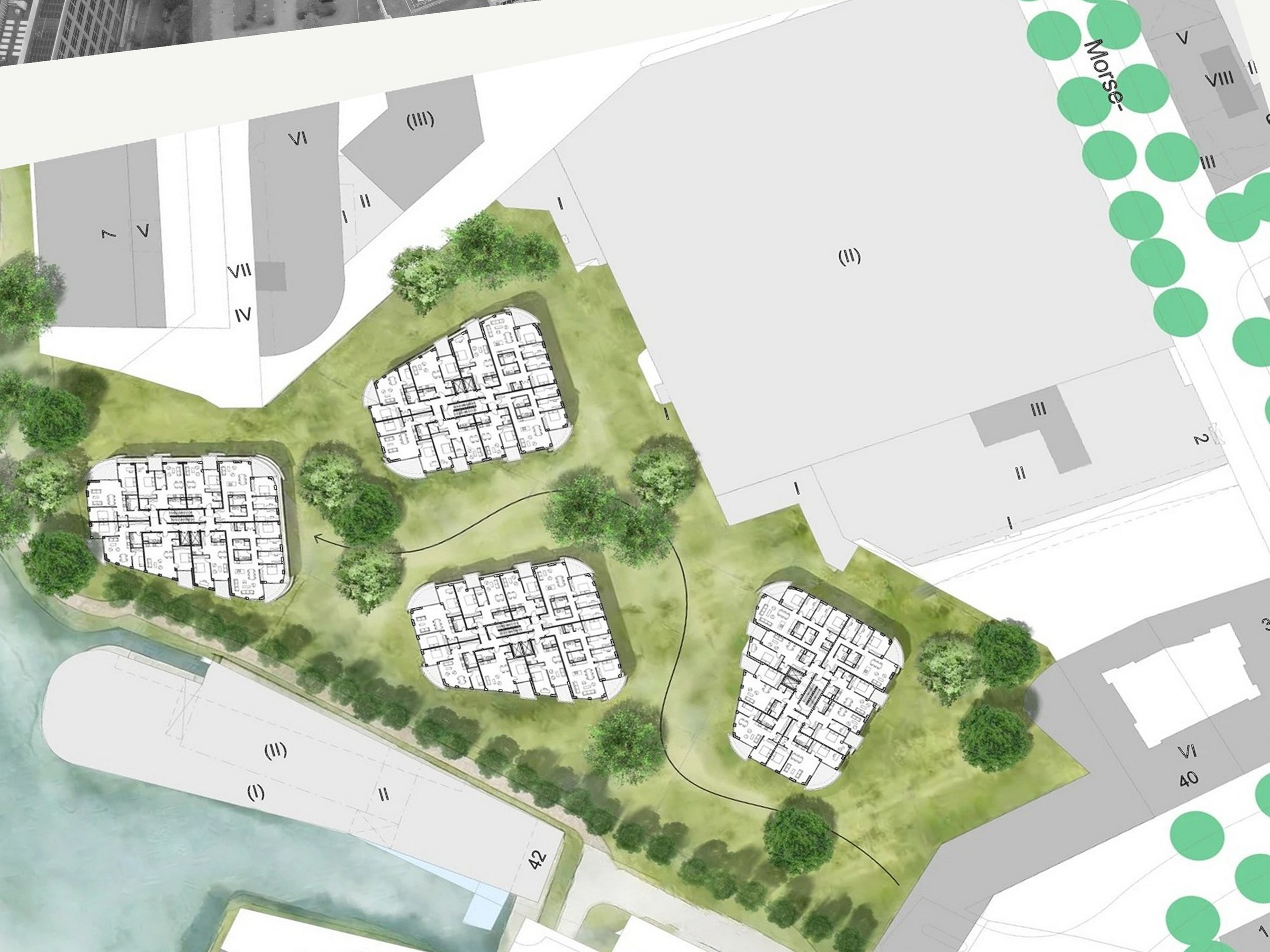 The architect&rsquo;s site plan laid over the drone photo