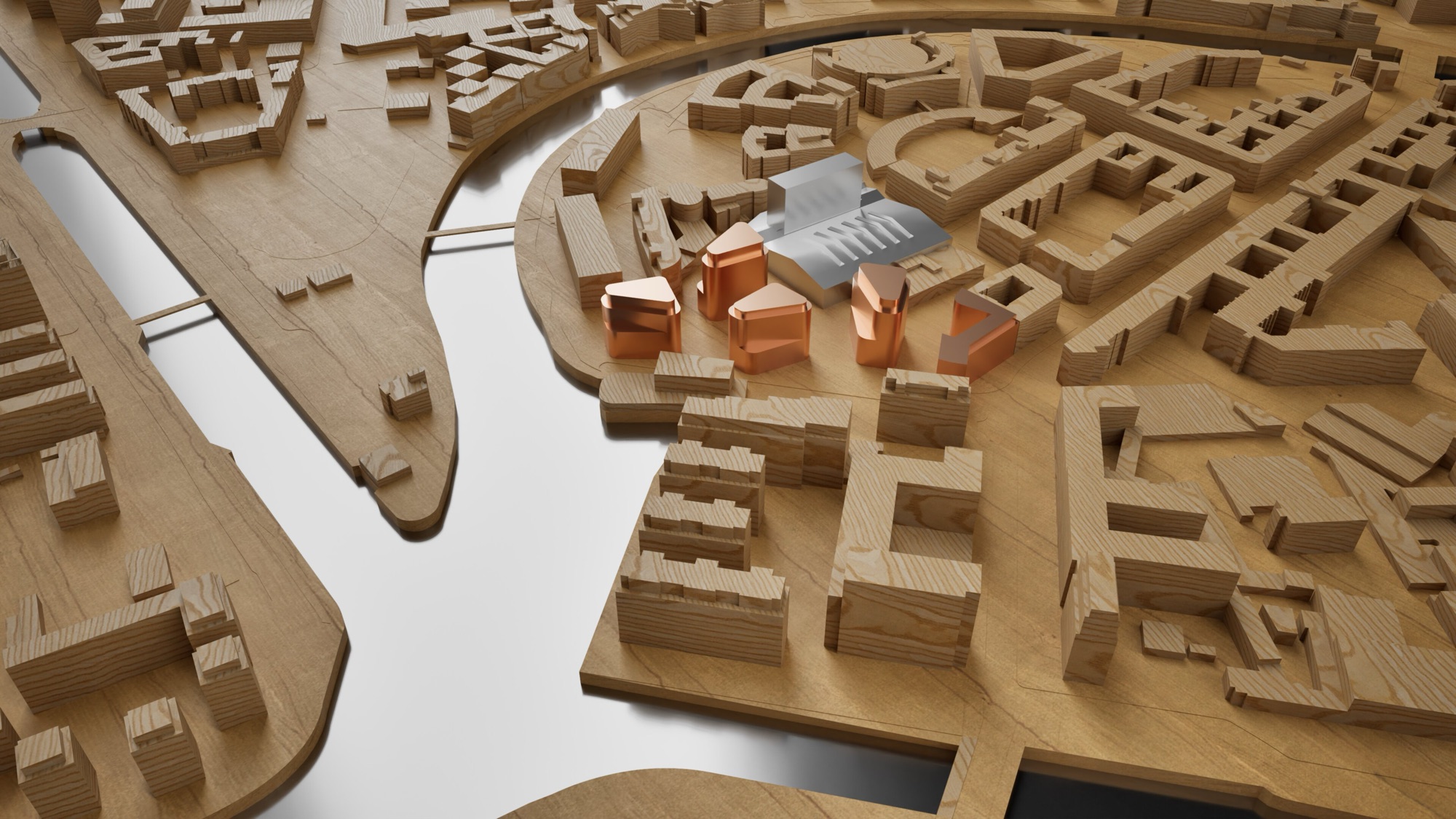 Physical model — houses and hall highlighted together as one ecosystem