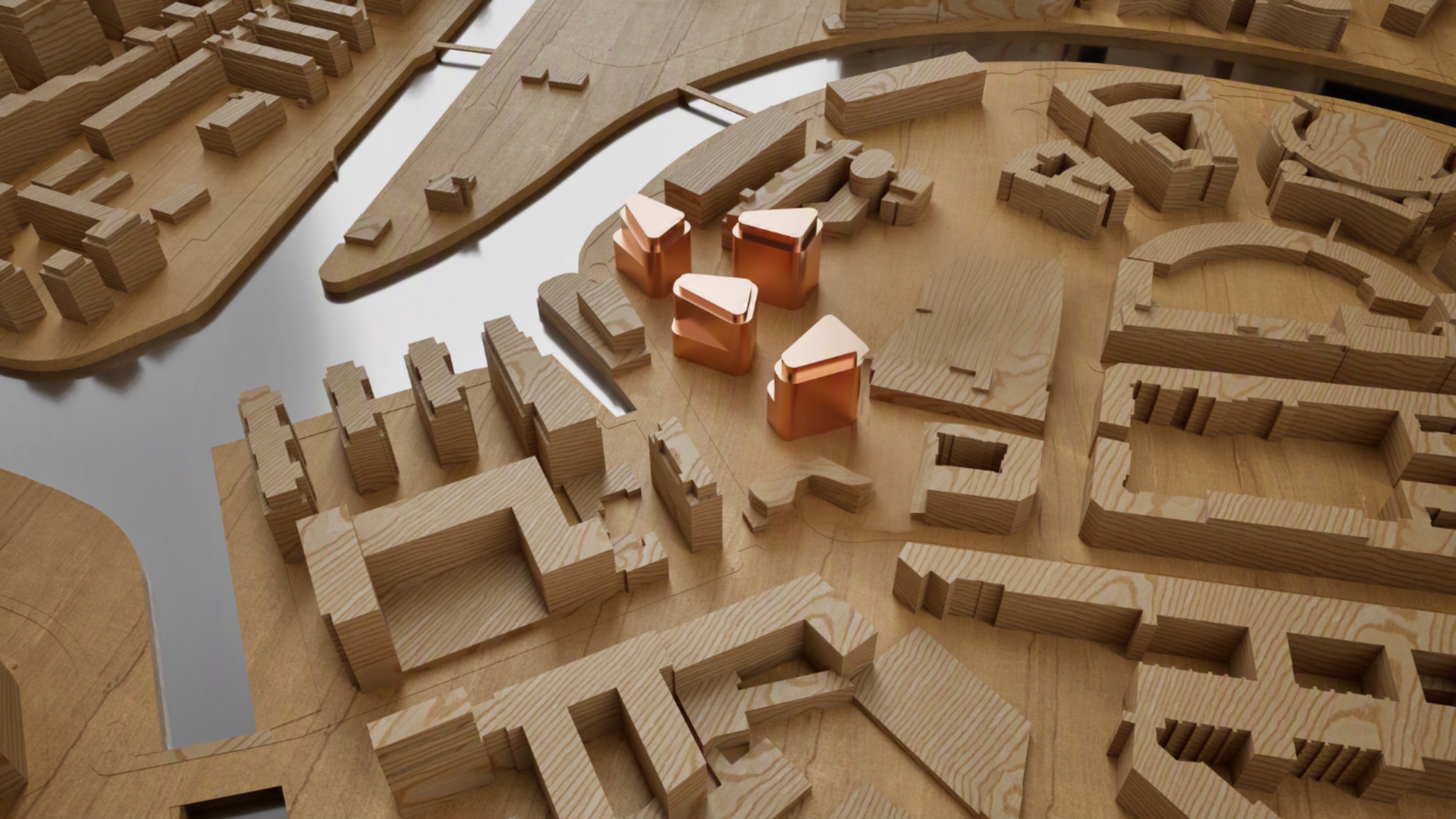 Physical model — the four sculpted copper houses of the residential quarter