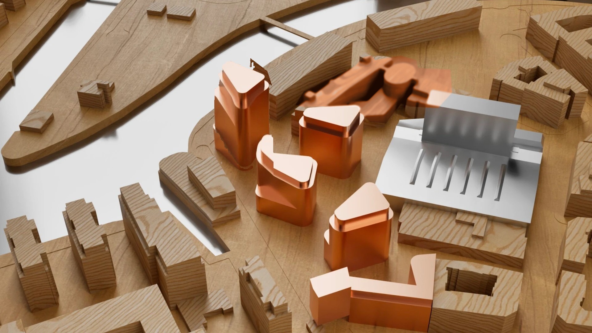 Vision case with the TU building in copper and a 60 metre tower at the water
