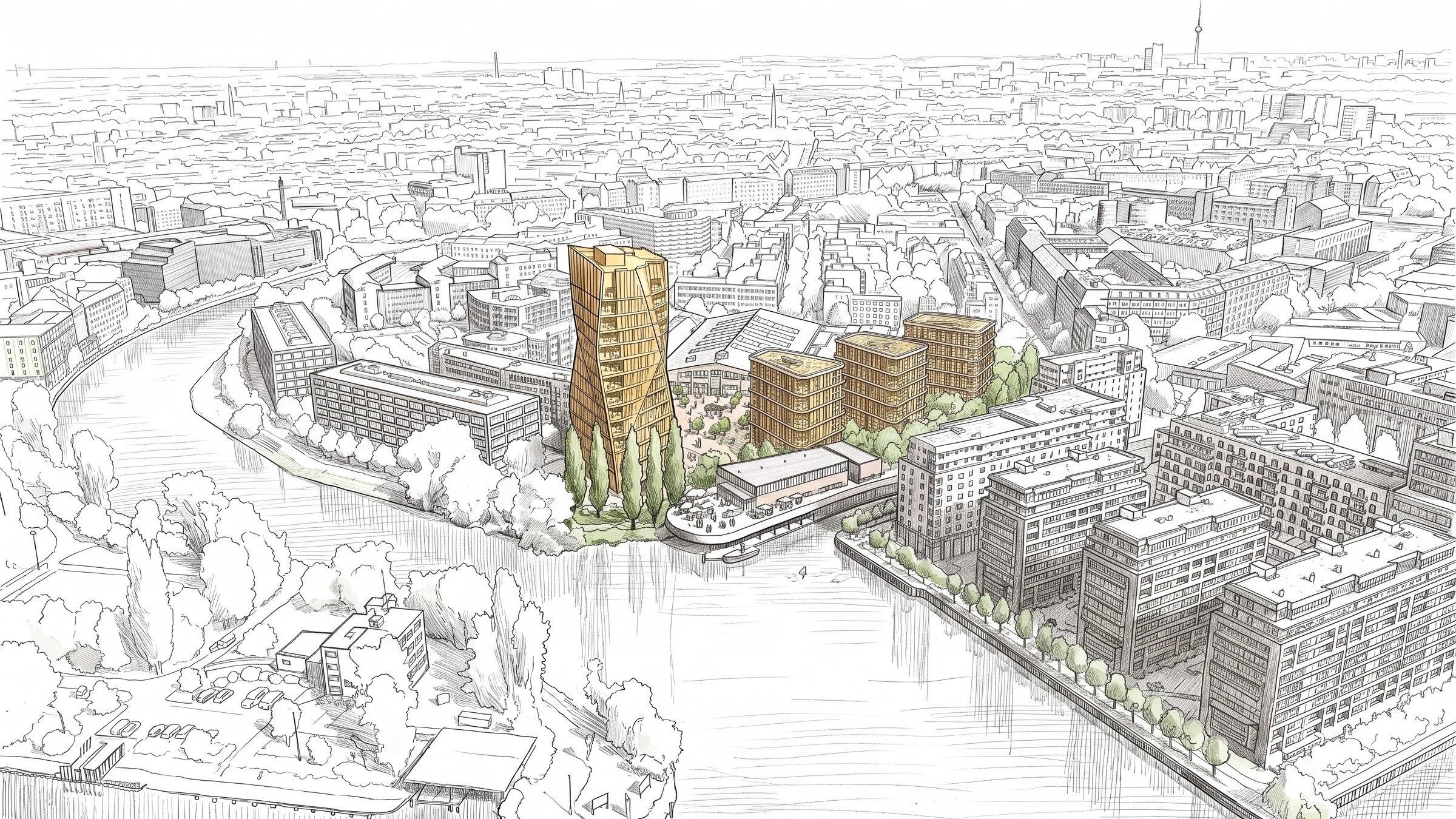 Concept drawing of the vision case on the drone photo, the 60 metre tower at the water, the copper houses, the silver hall